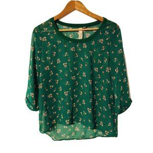 Robin-K Women’s Medium Green Sheer Blouse Birds Birds 3/4 Sleeve
